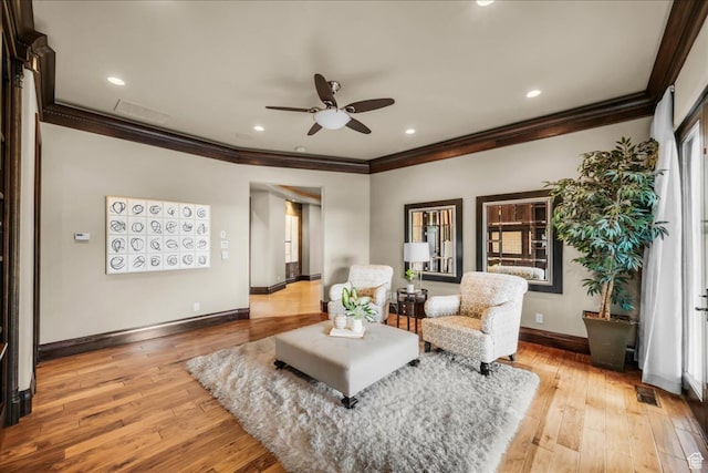 2196 W Long Sky Dr, St George, UT 84770 - sitting room featuring light wood-style floors, ceiling fan, ornamental molding, and visible vents