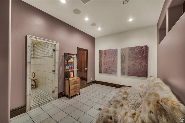 2196 W Long Sky Dr, St George, UT 84770 - bathroom featuring tile patterned floors, baseboards, a stall shower, and recessed lighting