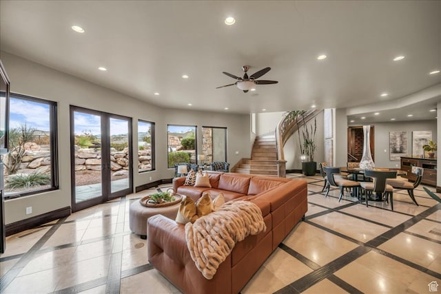 2196 W Long Sky Dr, St George, UT 84770 - living room with baseboards, recessed lighting, ceiling fan, and stairs