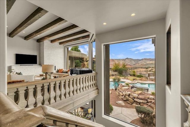 2196 W Long Sky Dr, St George, UT 84770 - doorway featuring a mountain view, recessed lighting, and beam ceiling