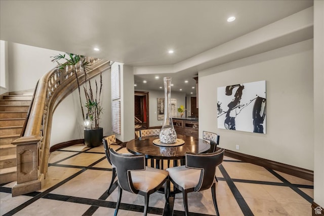 2196 W Long Sky Dr, St George, UT 84770 - dining space featuring baseboards, recessed lighting, and stairs