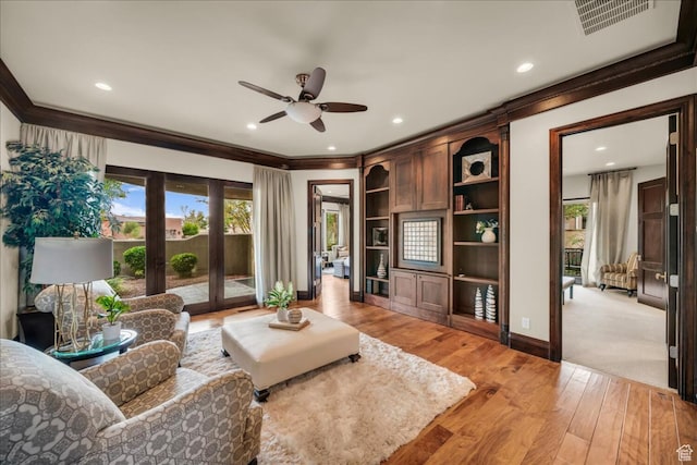 2196 W Long Sky Dr, St George, UT 84770 - living room featuring crown molding, french doors, ceiling fan, and a wealth of natural light