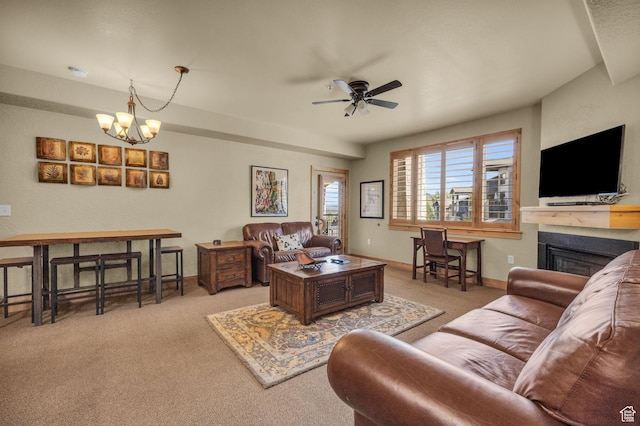 2669 Canyons Resort Dr Unit 206Abc, Park City, UT 84098 - living room with baseboards, carpet floors, a glass covered fireplace, and ceiling fan with notable chandelier