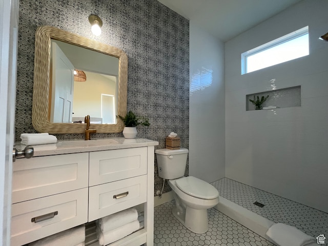 544 Lotus Dr, Fish Haven, ID 83287 - bathroom featuring walk in shower, vanity, toilet, and tile patterned floors