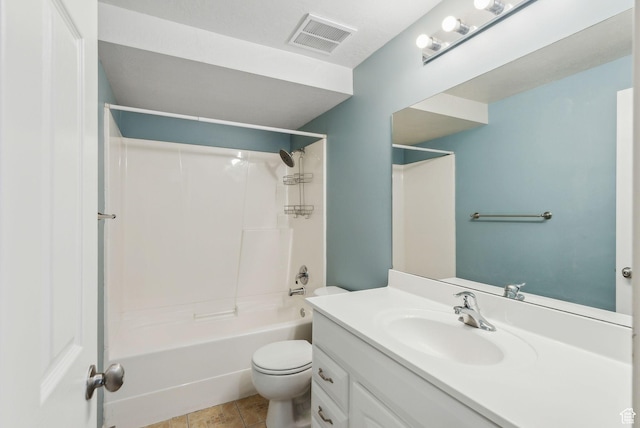 bathroom featuring toilet, bathing tub / shower combination, visible vents, tile patterned flooring, and vanity