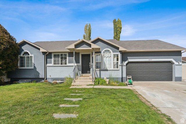 ranch-style house with concrete driveway, a front lawn, stucco siding, and an attached garage