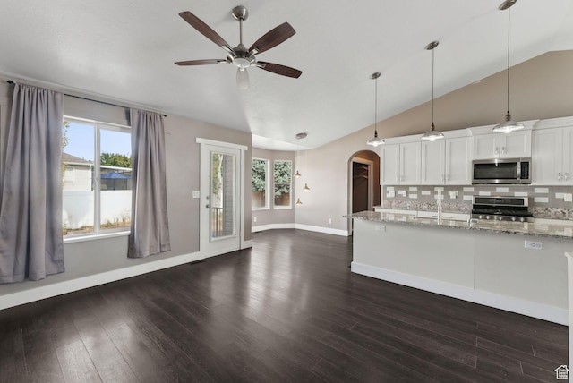kitchen with stainless steel appliances, ceiling fan, arched walkways, tasteful backsplash, and lofted ceiling