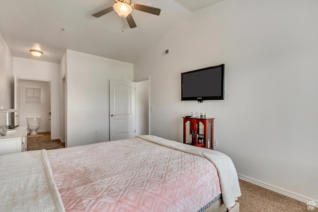 3478 S Cozy River Pl Unit 402, West Valley City, UT 84119 - carpeted bedroom featuring visible vents, baseboards, connected bathroom, a ceiling fan, and vaulted ceiling