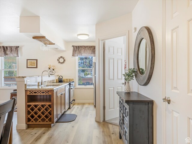 bar with light stone counters, light hardwood / wood-style floors, a healthy amount of sunlight, and sink