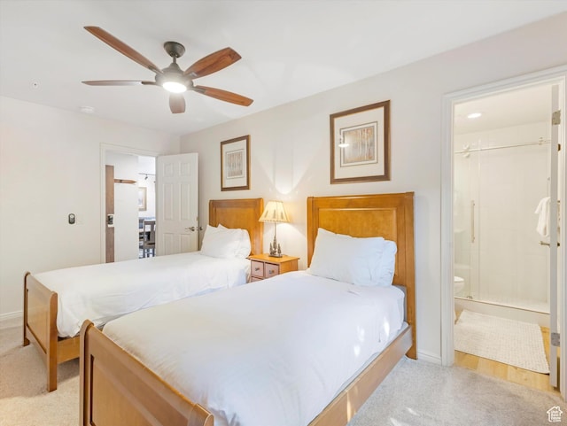 424 Park Ave Unit D, Park City, UT 84060 - bedroom with light carpet, baseboards, connected bathroom, and ceiling fan