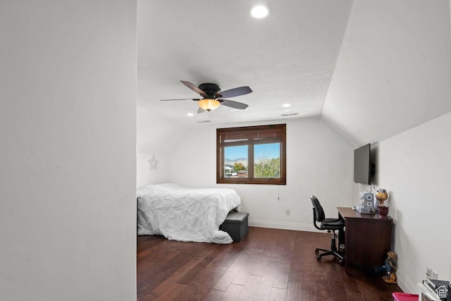 10575 S Alexander Park Ln, South Jordan, UT 84095 - bedroom with baseboards, ceiling fan, recessed lighting, wood-type flooring, and lofted ceiling