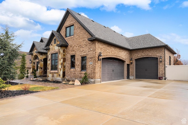 view of front of house with a garage, fence, brick siding, a shingled roof, and driveway