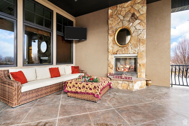 10575 S Alexander Park Ln, South Jordan, UT 84095 - living room featuring wooden ceiling and a stone fireplace