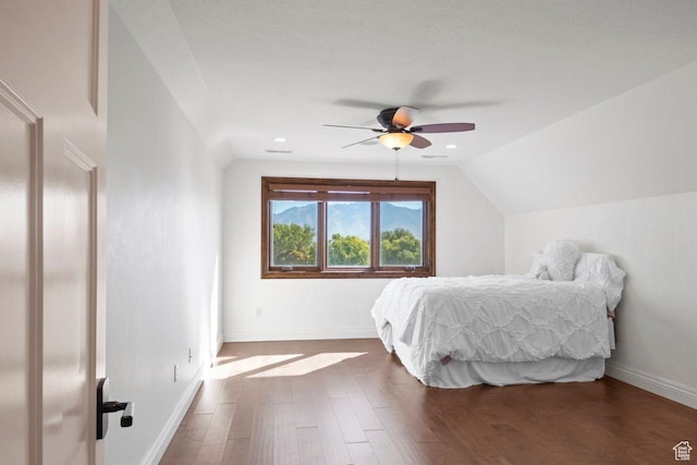 10575 S Alexander Park Ln, South Jordan, UT 84095 - bedroom with a ceiling fan, visible vents, wood finished floors, lofted ceiling, and baseboards