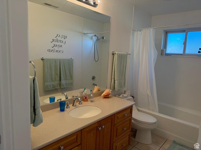 2480 W 450 S Unit 5, Springville, UT 84663 - bathroom featuring visible vents, toilet, vanity, shower / bath combo with shower curtain, and tile patterned flooring