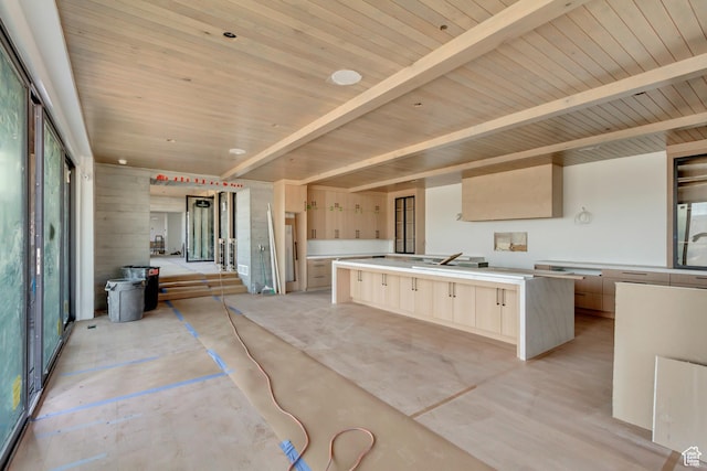 7165 Painted Valley Pass Unit 54, Park City, UT 84098 - kitchen with wooden ceiling, light countertops, a large island, modern cabinets, and light brown cabinets