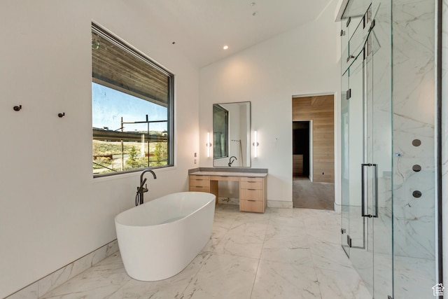 7165 Painted Valley Pass Unit 54, Park City, UT 84098 - full bath featuring high vaulted ceiling, a marble finish shower, a freestanding tub, vanity, and marble finish floor