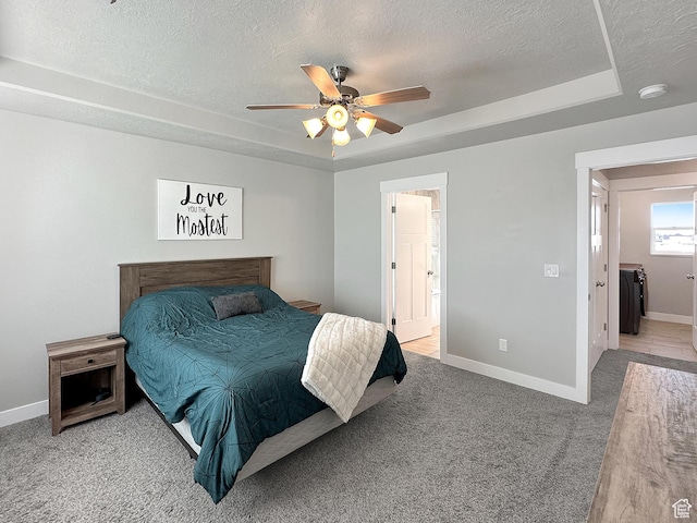 2142 W 3100 S, West Haven, UT 84401 - bedroom featuring a tray ceiling, washer and clothes dryer, a textured ceiling, baseboards, and light colored carpet