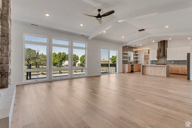 713 E 1500 N Unit 19, Orem, UT 84097 - unfurnished living room with ceiling fan, sink, lofted ceiling with beams, and light hardwood / wood-style floors