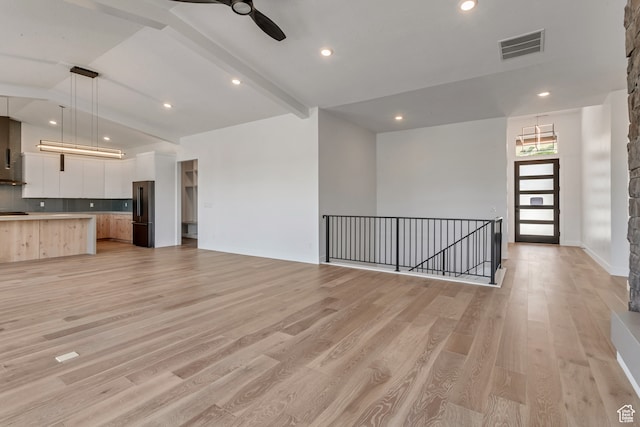 713 E 1500 N Unit 19, Orem, UT 84097 - unfurnished living room with ceiling fan, light hardwood / wood-style flooring, and lofted ceiling with beams