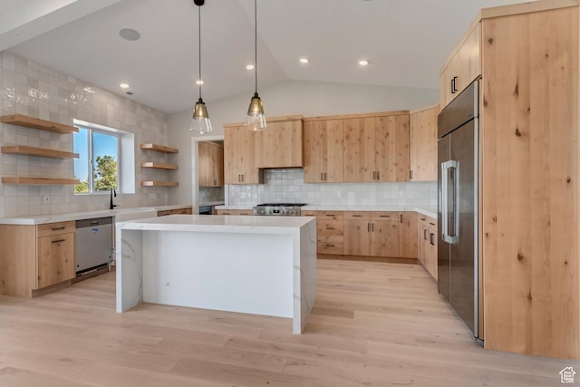 kitchen featuring light countertops, stainless steel appliances, open shelves, and light brown cabinetry