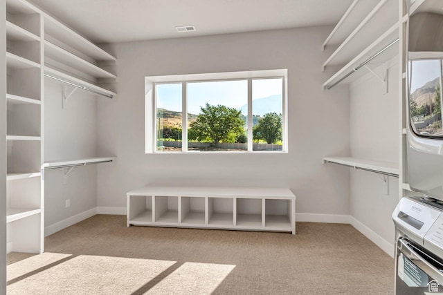 spacious closet featuring light colored carpet and visible vents
