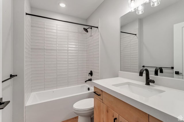 bathroom featuring shower / bathing tub combination, toilet, vanity, recessed lighting, and tile patterned floors