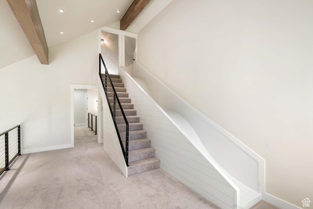 715 E 1700 N, Mapleton, UT 84664 - stairway with beam ceiling, carpet, baseboards, high vaulted ceiling, and recessed lighting
