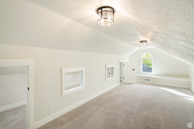 additional living space featuring a textured ceiling, lofted ceiling, and light colored carpet