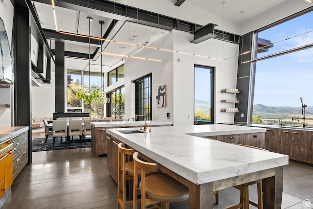 27 Normans Way, Park City, UT 84060 - kitchen featuring modern cabinets, a spacious island, concrete flooring, a sink, and a high ceiling