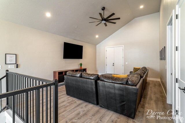 1460 S Windsor Pkwy Unit 5, Hurricane, UT 84737 - living room with recessed lighting, a ceiling fan, light wood-style flooring, and high vaulted ceiling