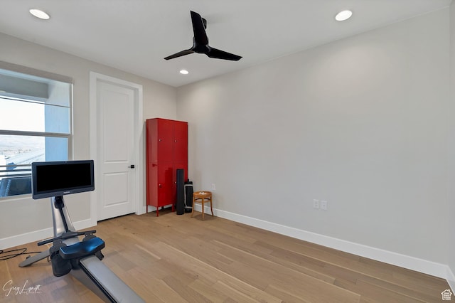 4755 S Purcell Dr, St George, UT 84790 - exercise room featuring recessed lighting, baseboards, light wood-style floors, and ceiling fan