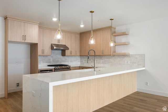 kitchen featuring a peninsula, light wood finished floors, gas stove, and under cabinet range hood