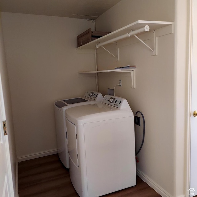14028 S Candy Pull Dr, Draper, UT 84020 - clothes washing area featuring baseboards, dark wood-style flooring, independent washer and dryer, and laundry area