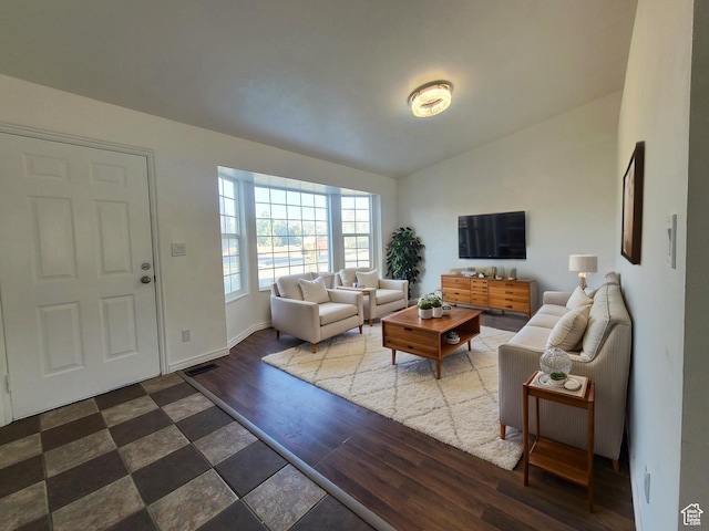 2834 E 1320 S, Spanish Fork, UT 84660 - living area featuring dark wood finished floors, lofted ceiling, and baseboards