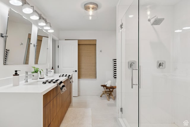 3041 Homestead Rd, Park City, UT 84098 - bathroom with a shower stall, double vanity, and tile patterned flooring