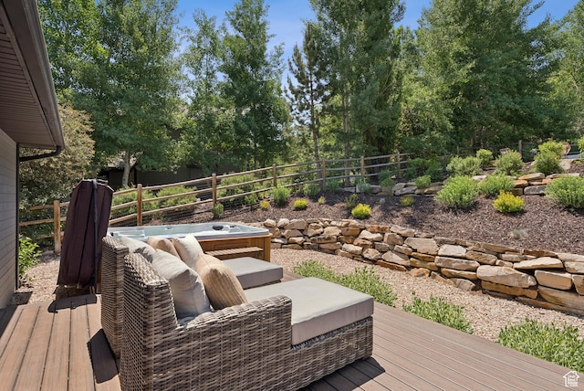 3041 Homestead Rd, Park City, UT 84098 - wooden terrace featuring a hot tub and view of scattered trees