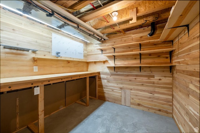 unfinished basement featuring wood walls
