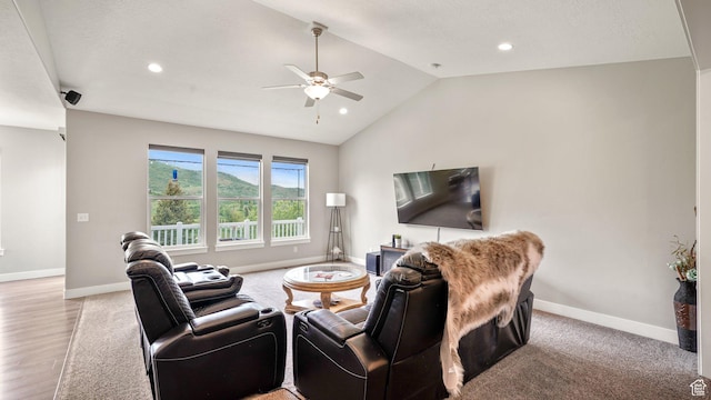 209 N Elk Ridge Dr, Elk Ridge, UT 84651 - living room with ceiling fan, lofted ceiling, baseboards, recessed lighting, and light wood finished floors
