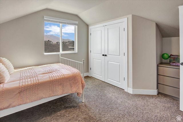 bedroom with baseboards, lofted ceiling, a closet, and carpet