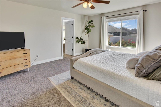 bedroom with carpet floors, a ceiling fan, and baseboards