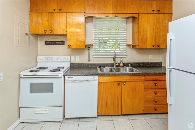 965 E 39th St S, South Ogden, UT 84403 - kitchen featuring white appliances, a sink, dark countertops, and light tile patterned floors