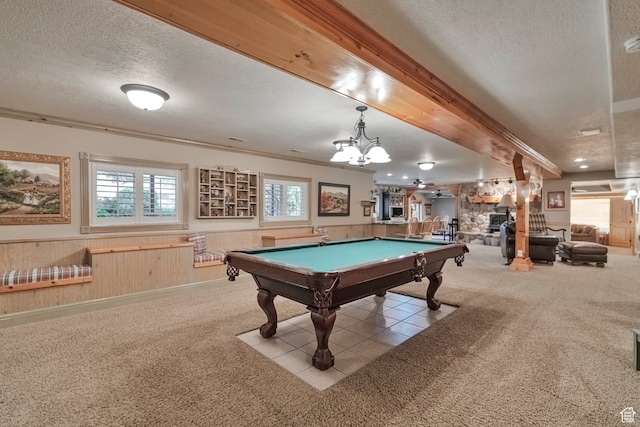 1040 E Canyon Rd, Hyde Park, UT 84318 - rec room featuring a textured ceiling, billiards, a fireplace, and light colored carpet