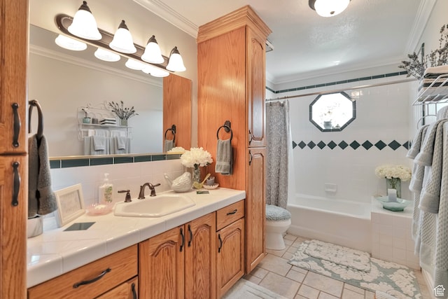 1040 E Canyon Rd, Hyde Park, UT 84318 - full bathroom with shower / bathtub combination with curtain, vanity, crown molding, tile patterned flooring, and toilet