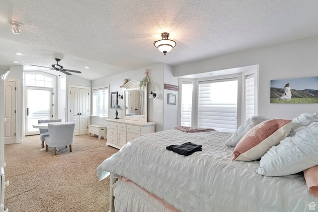 1040 E Canyon Rd, Hyde Park, UT 84318 - bedroom with lofted ceiling, ceiling fan, light colored carpet, and a textured ceiling