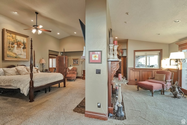 1040 E Canyon Rd, Hyde Park, UT 84318 - carpeted bedroom featuring lofted ceiling, ceiling fan, and a textured ceiling