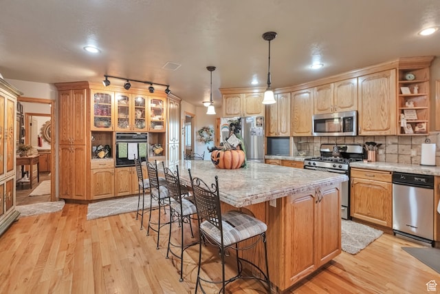 1040 E Canyon Rd, Hyde Park, UT 84318 - kitchen with pendant lighting, appliances with stainless steel finishes, light hardwood / wood-style floors, and a kitchen island