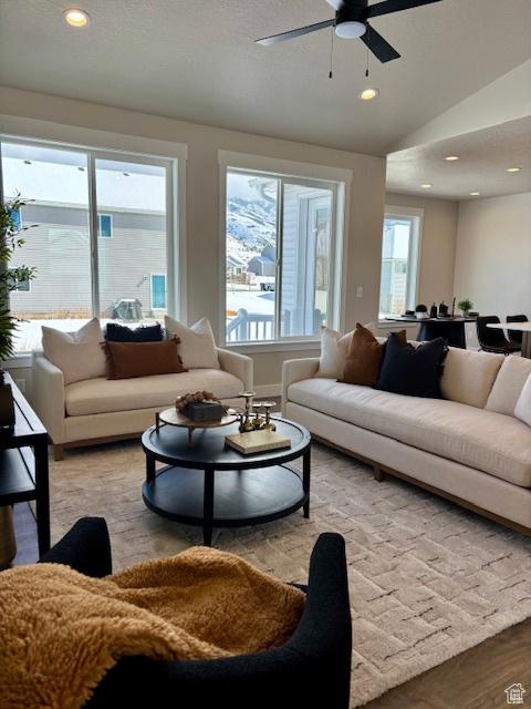 584 N 510 E, Smithfield, UT 84335 - living room with a ceiling fan, recessed lighting, vaulted ceiling, and light wood-type flooring
