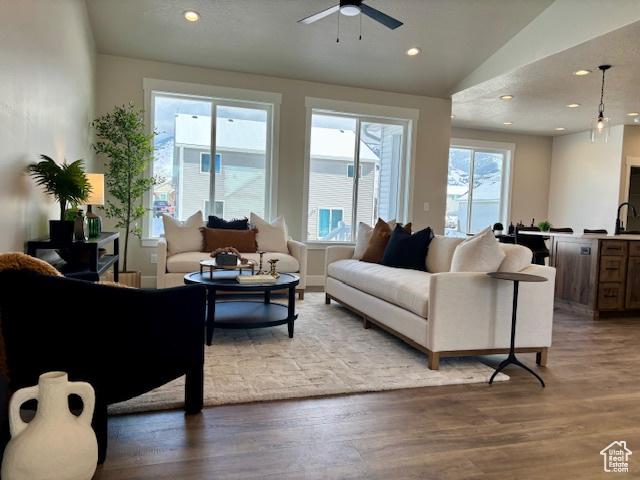 584 N 510 E, Smithfield, UT 84335 - living room with recessed lighting, ceiling fan, wood finished floors, and lofted ceiling