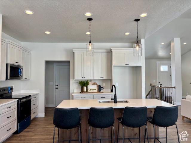 584 N 510 E, Smithfield, UT 84335 - kitchen featuring stainless steel microwave, dark wood finished floors, a sink, and black range with electric cooktop